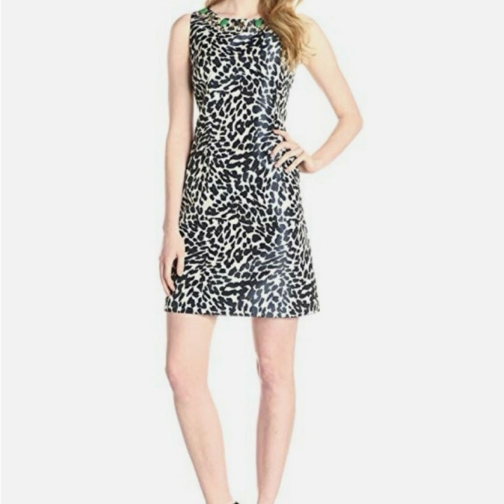 Eliza J Beaded Neck Sheath Dress Sz 6 Navy Leopard Print Embellished Sleeveless